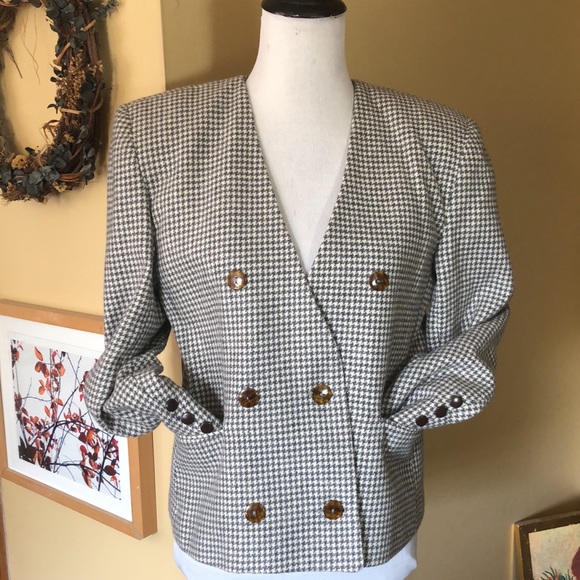 Vtg 90s Y2K DAVID N Houndstooth Plaid Wool Blazer Soft Gray & Ecru Crop DoubleB - Picture 2 of 10